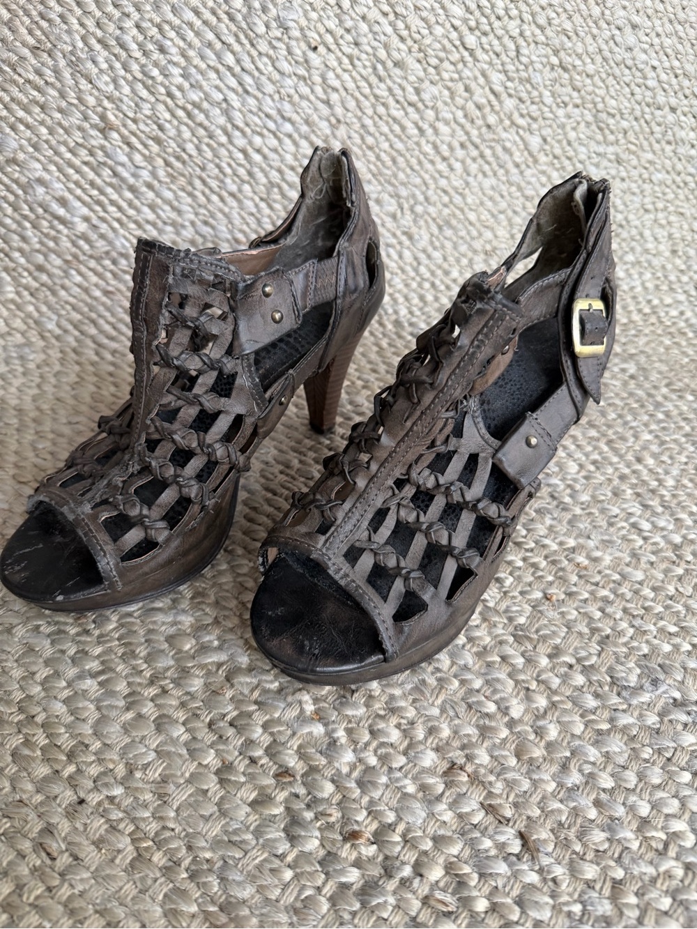 Buckle Dark Brown Woven Peep-Toe Heeled Sandals with Buckle Accent